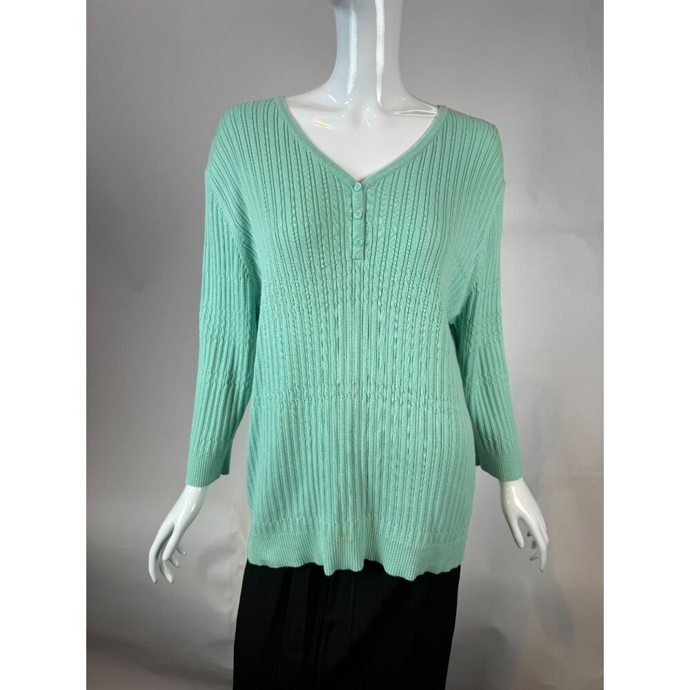 Croft & Barrow Womens Mint Green Ribbed V-Neck Sweater 2X 100% Cotton